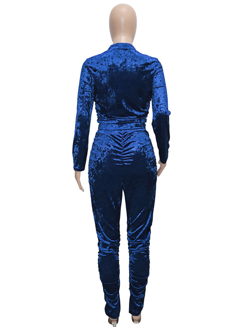 Casual Velvet Zipper Wrinkle Trousers Two-piece Set