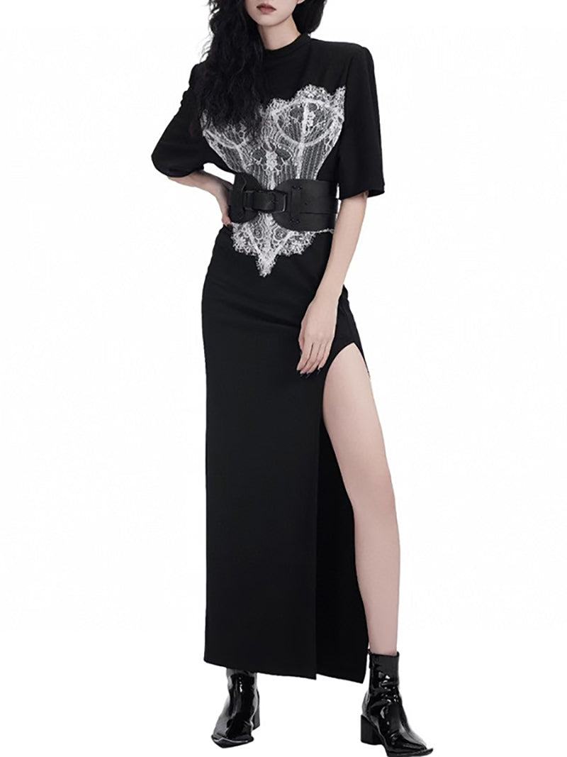 Casual Round Neck Lace Patchwork High Split Dress