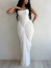 Sexy Sleeveless Solid Chiffon Pleated Maxi Dress