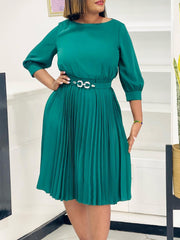 Casual O Neck Patchwork Pleated Midi Dress