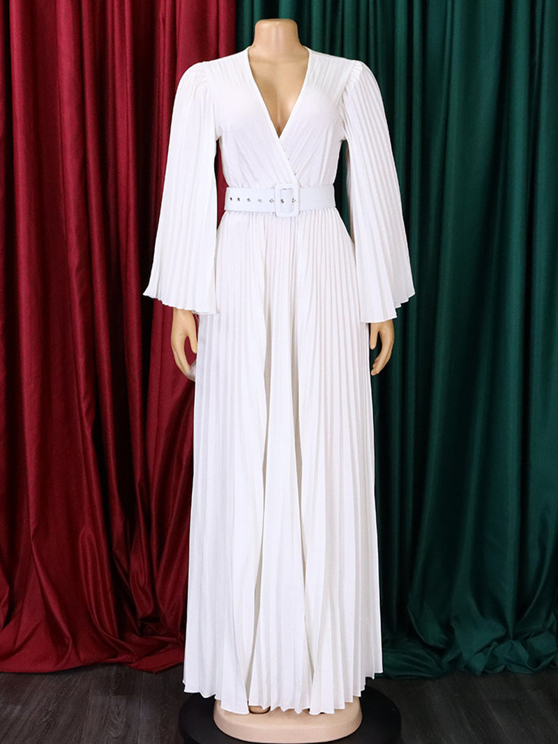 Elegant V Neck Long Sleeve Belted Pleated Maxi Dress