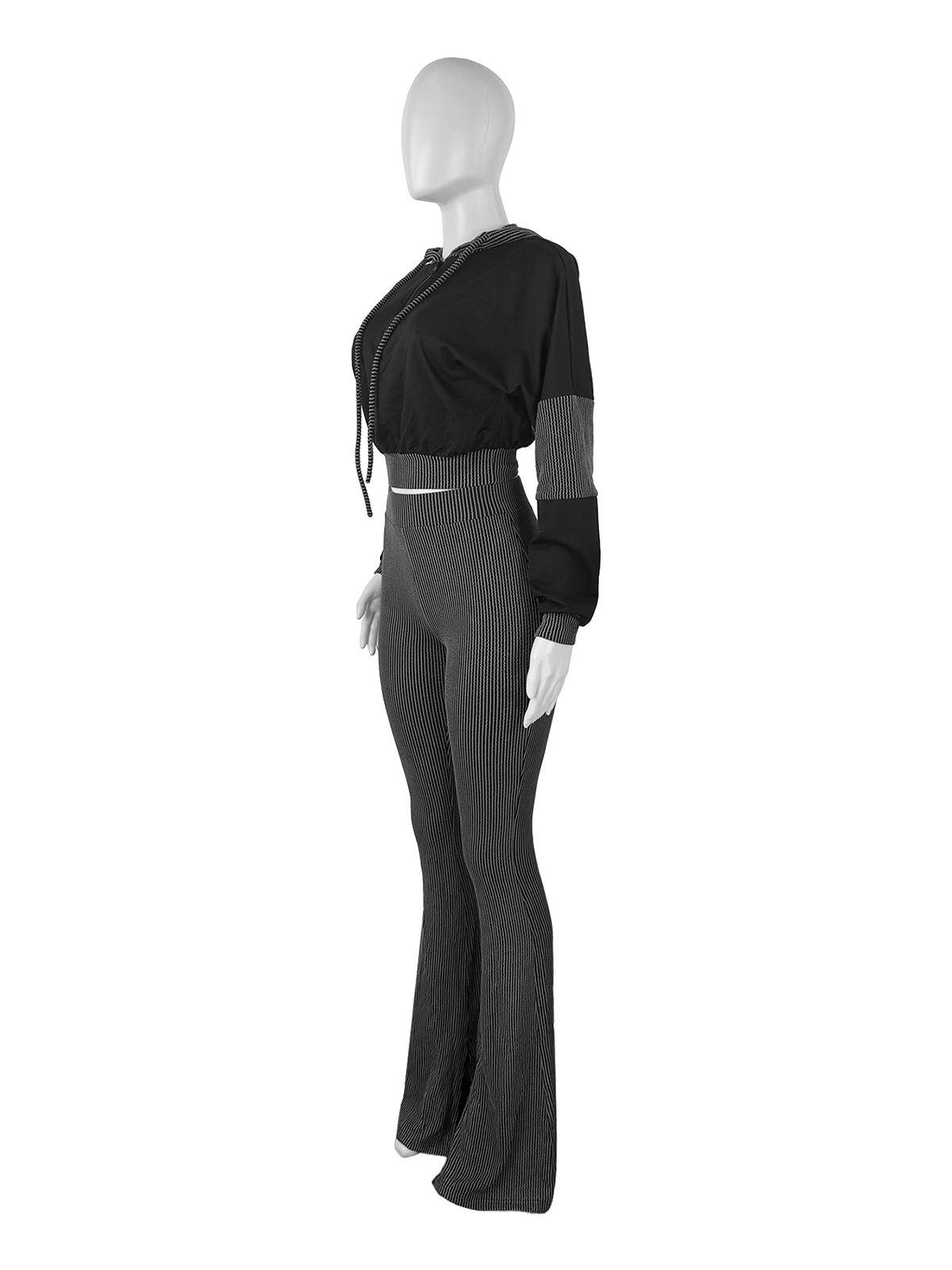 Casual Cropped Hoodie Ribbed Thigh Pants Sets