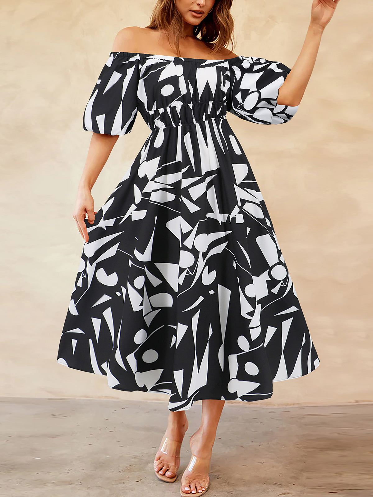 Sexy Print Off Shoulder Bubble Sleeve Dress