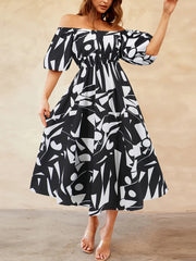 Sexy Print Off Shoulder Bubble Sleeve Dress