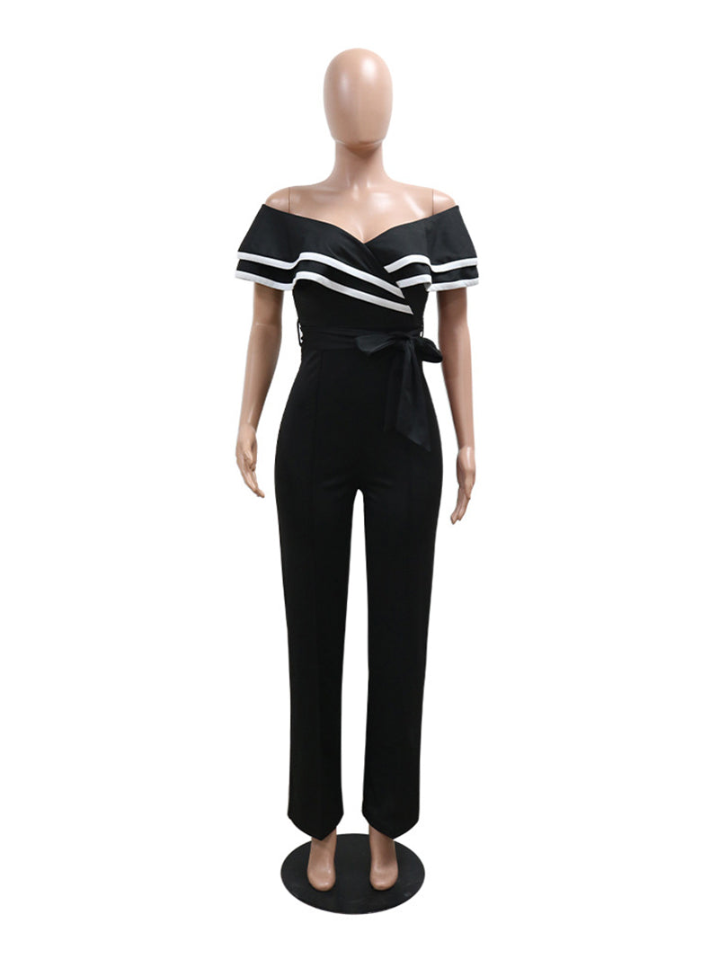 Sexy Off Shoulder Ruffles Colorblock Belted Jumpsuit