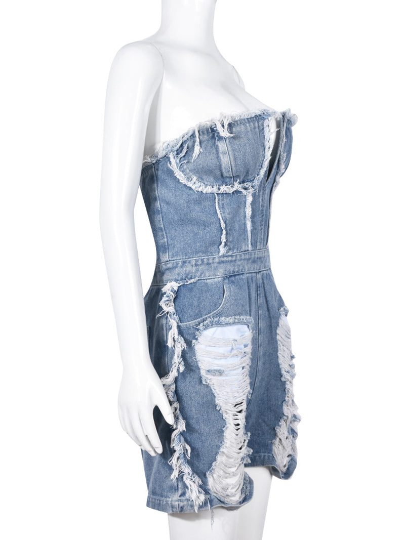 Sexy Strapless Ripped Denim Romper