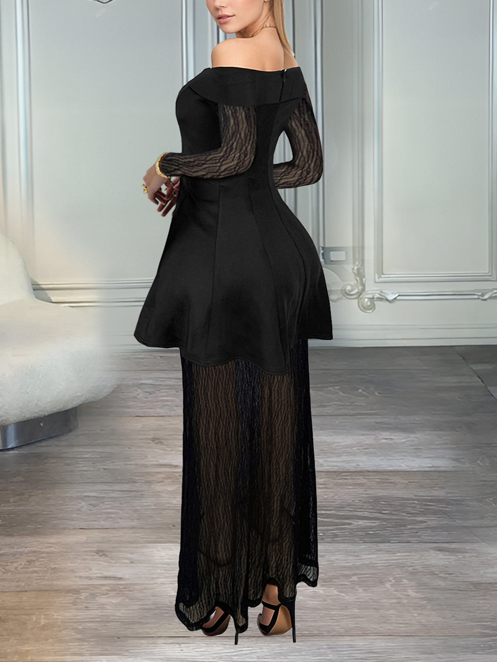 Elegant Off Shoulder Sheer Mesh Skirt Two Piece Set
