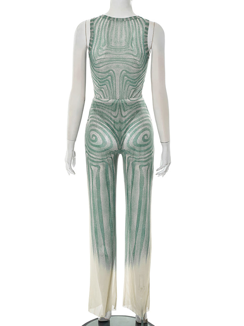Sexy Print Sheer Mesh Sleeveless Two Piece Set
