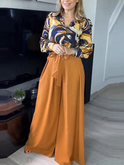 Fashion Long Sleeve Lapel Button Top Wide Leg Pant Sets