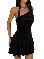 Sexy Halter Backless Asymmetrical Ruched Mini Dress