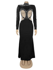 Elegant Long Sleeve Pearl Cutout Mesh Maxi Dress