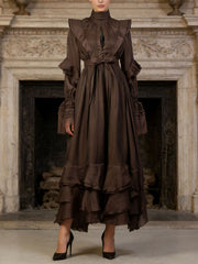 Boutique Cinched Waist Ruffle Cutout Maxi Dress