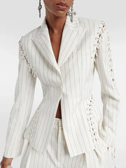 Lace-Up Striped Lapel Collar Single Breasted Blazer