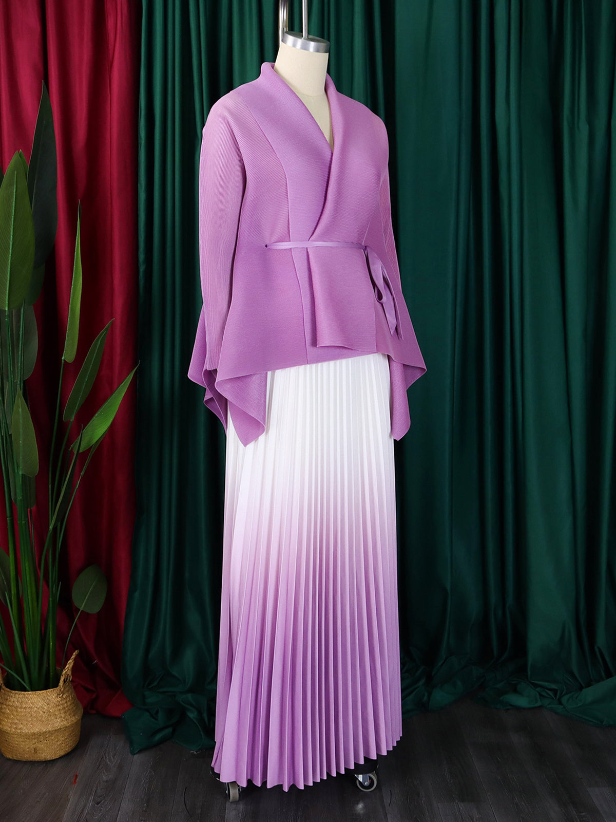 Elegant Lace-up Top and High Waist Pleated Skirt Set