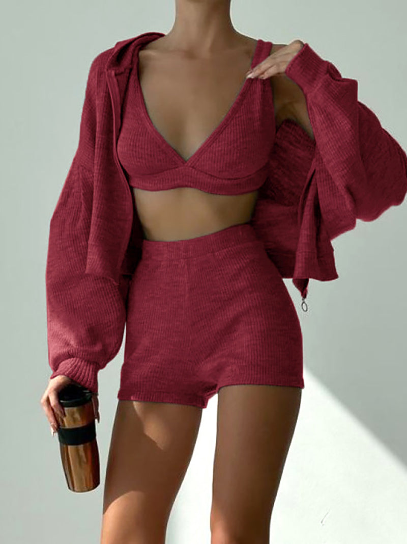 Casual Sports Yoga Ribbed Crop Top Jacket Shorts Sets
