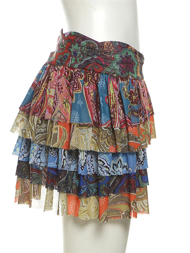 Fashion Print Mini Ruffled Patchwork Skirt