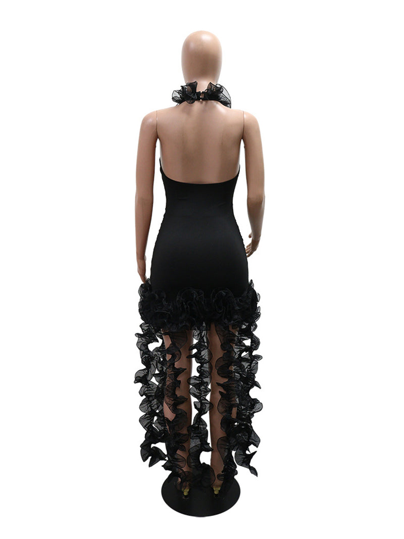 Sexy Halter Ruffles Ruched Mesh Mini Dress