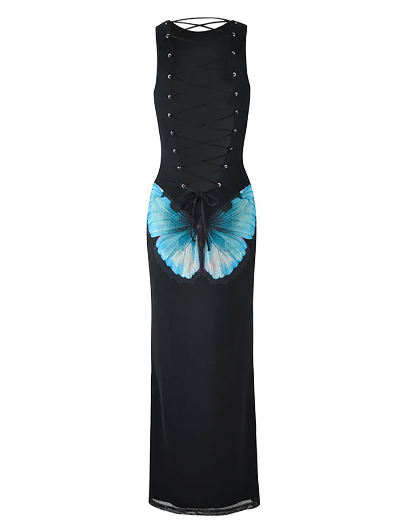 Back Lace-up Sleeveless Butterfly Print Maxi Dress