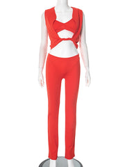Sexy Hollow Out Vest Tight Trousers Three Piece Set
