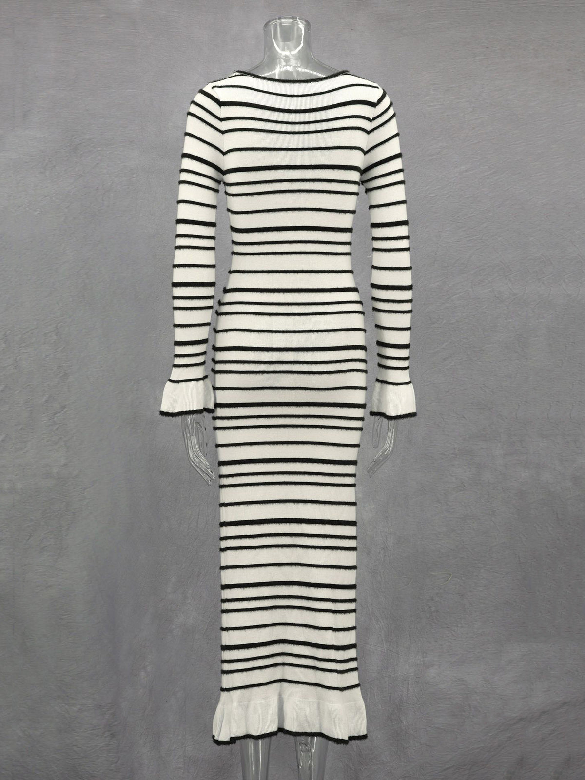 Knit Stripet Lace-up Bell Long Sleeve Dress