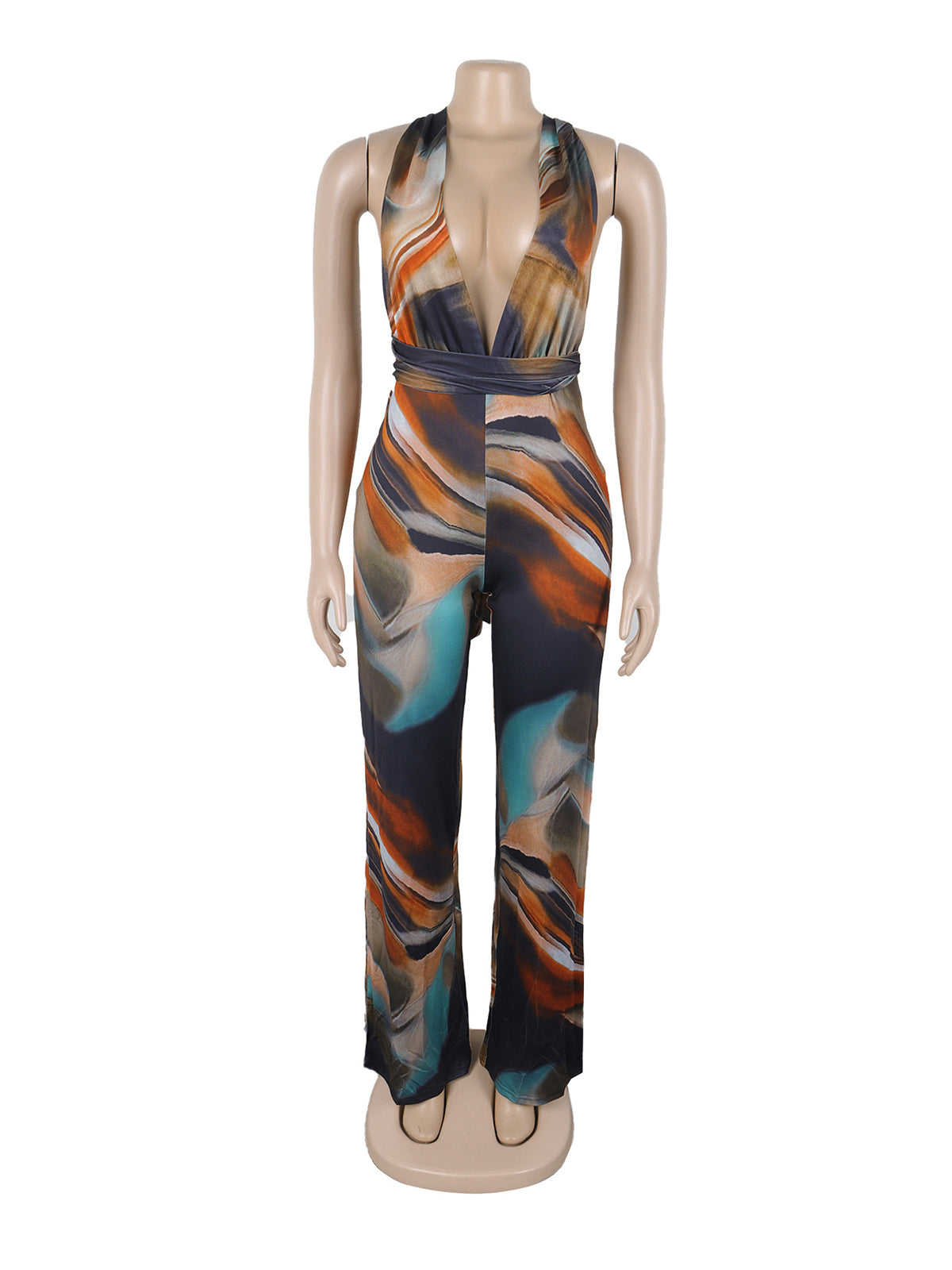 Print Deep V Backless Lace-up Strap Jumpsuit
