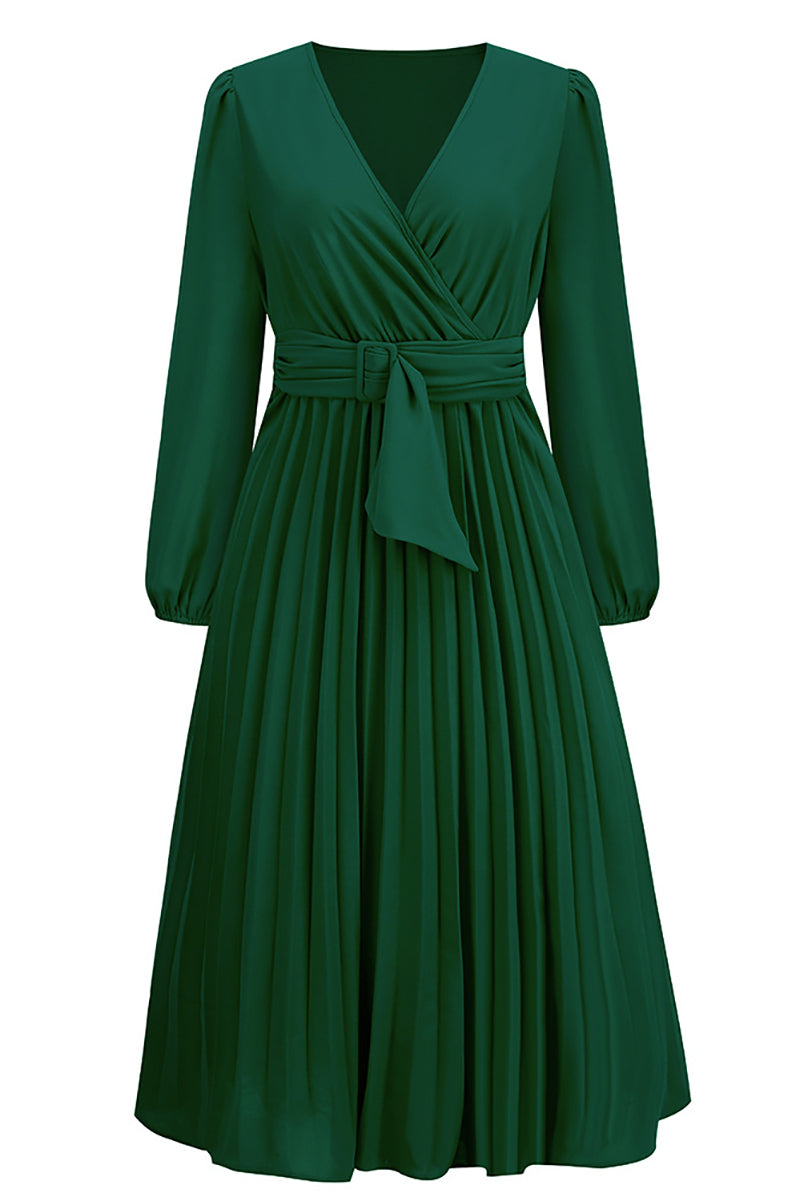 Casual Long Sleeve V-neck Slim Pleated Dress