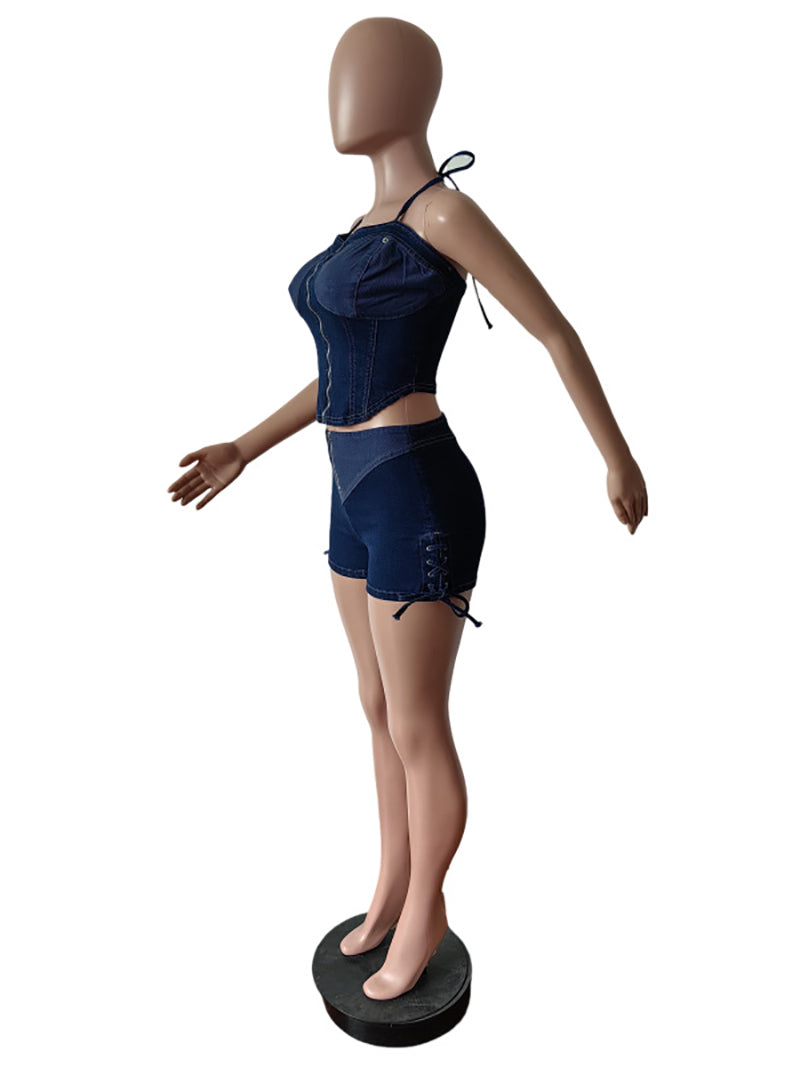 Sexy Stretch Denim Halter Top And Shorts Two Piece Set