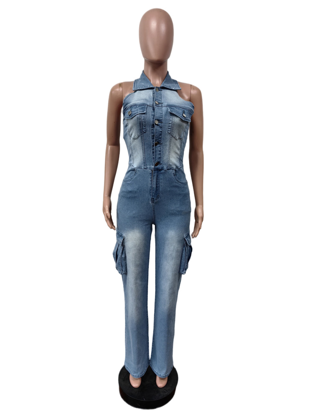 Halter Button-Front Denim Jumpsuit