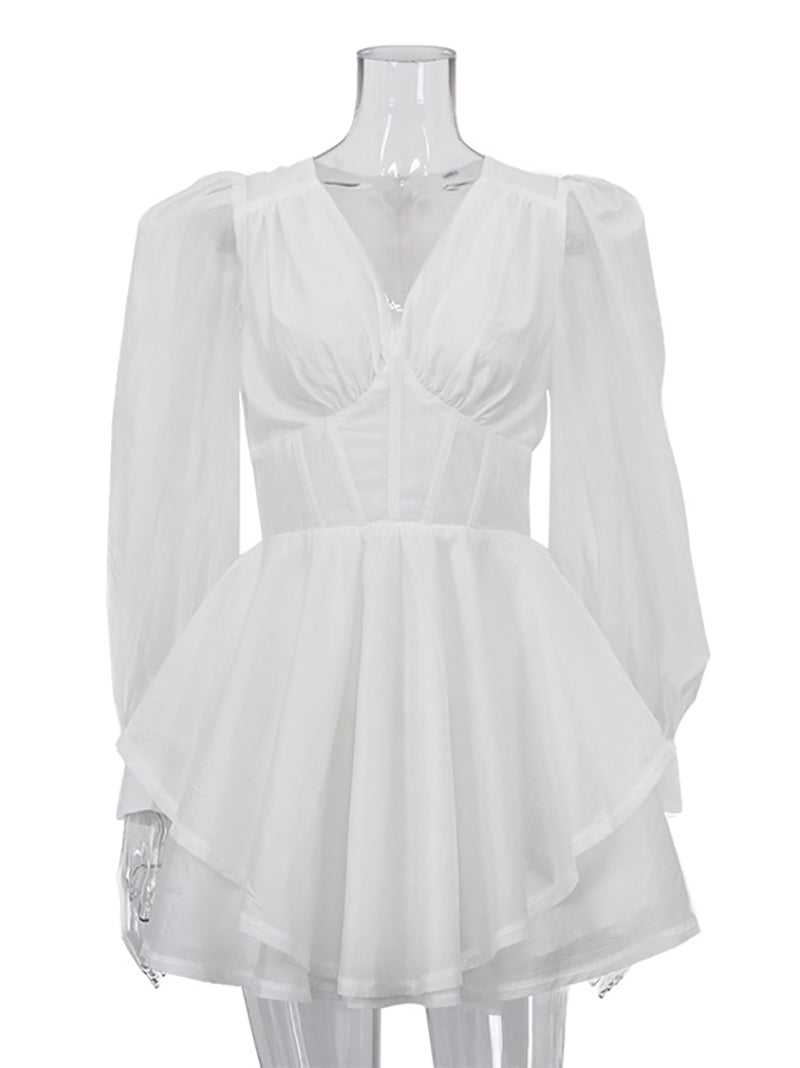 Sexy V Neck Cinched Waist Ruffles Mini Dress