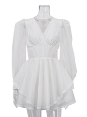 Sexy V Neck Cinched Waist Ruffles Mini Dress