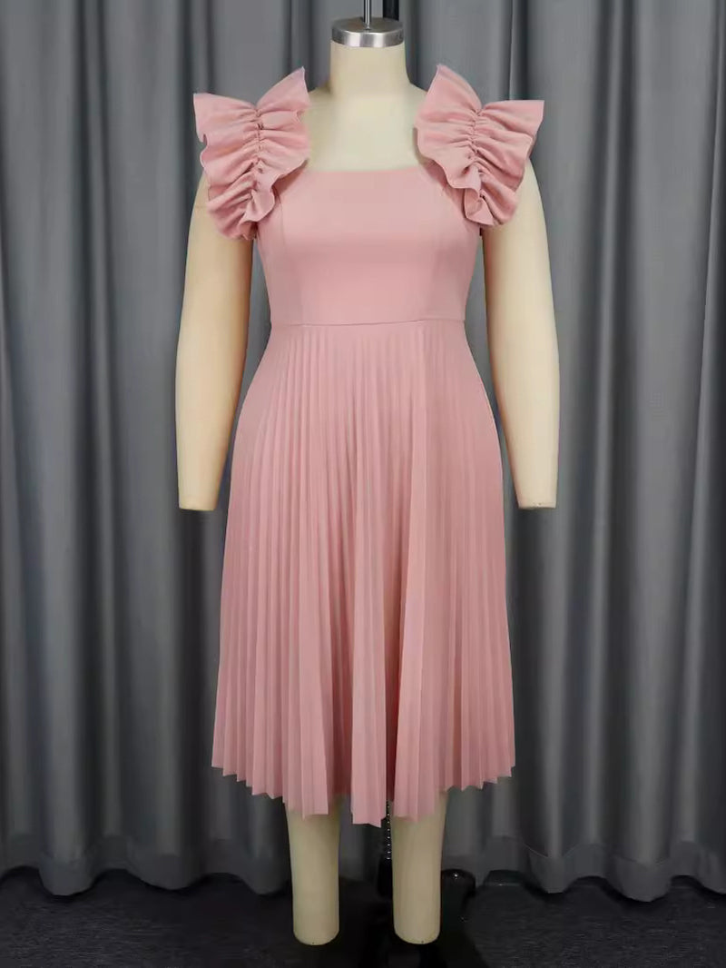 Petal Sleeve Square Neck Party Pleated Midi Dress