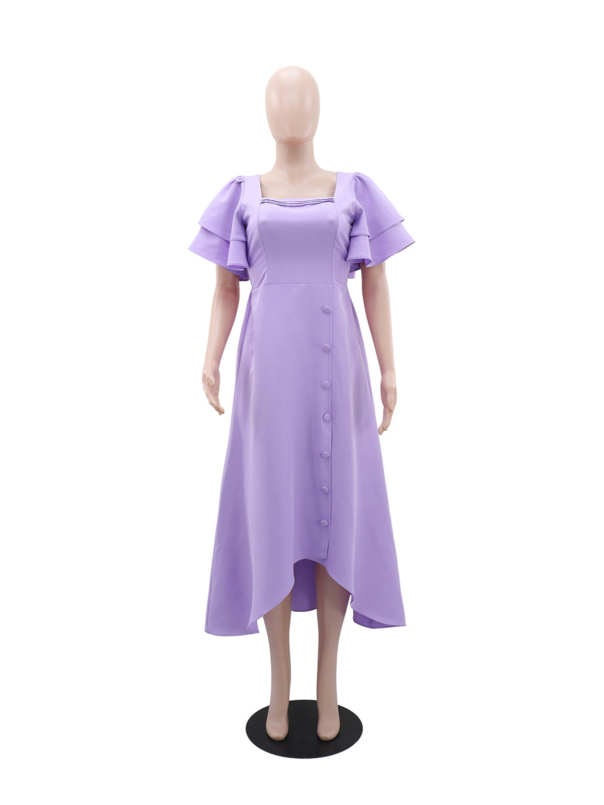 Casual Square Collar Ruffles Sleeve Cinched Waist Dress