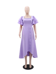Casual Square Collar Ruffles Sleeve Cinched Waist Dress