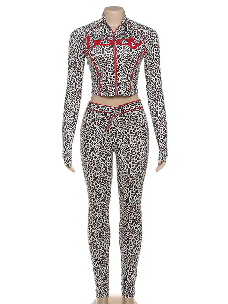 Casual Leopard Print Zipper Top and Skinny Pants Sets