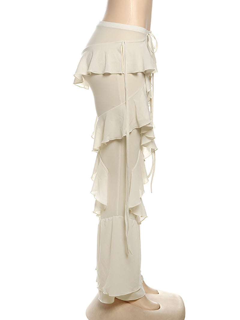 Layered Ruffle Flare Leg Elastic Waist Pants