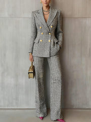 Fashion Plaid Print Slim Blazer Pants Suit