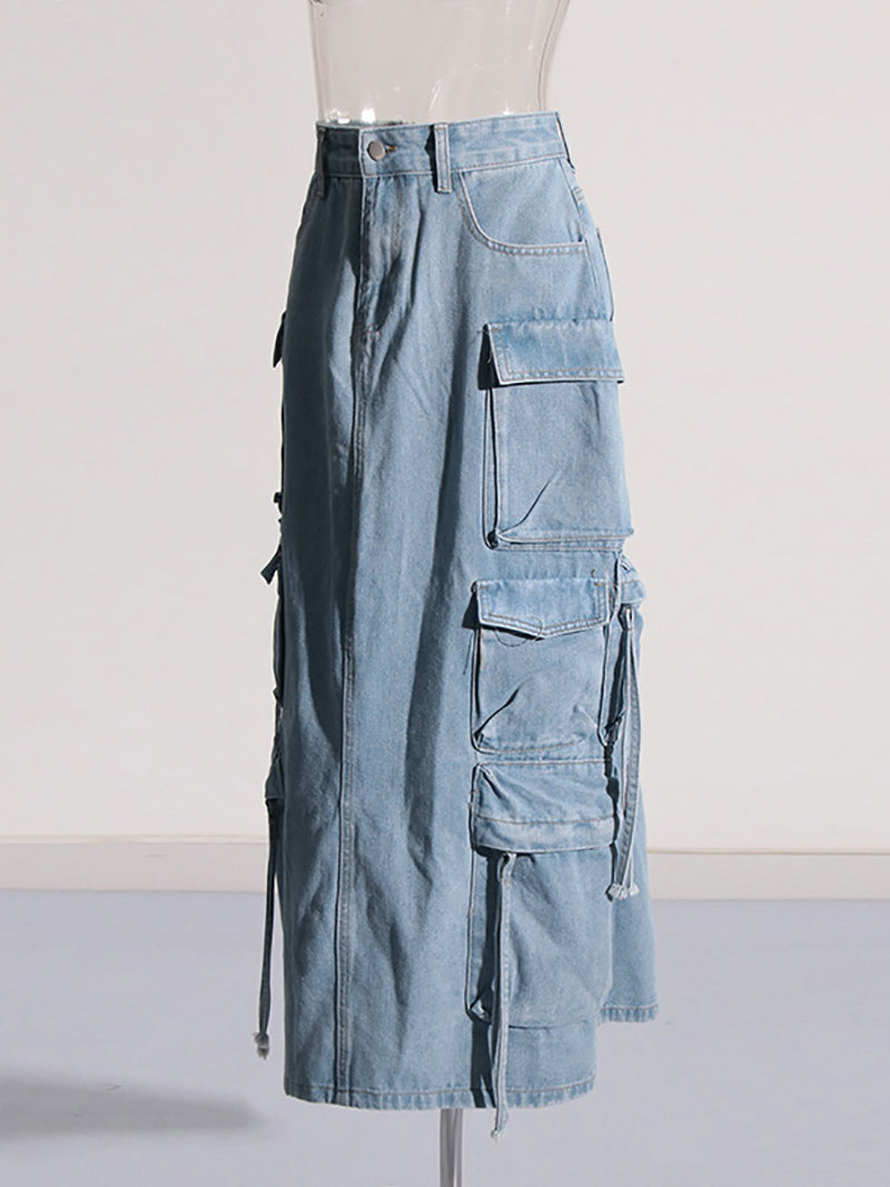 Casual Multi-pocket Cargo Denim Skirt