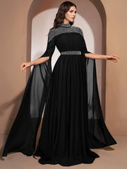 Embellished High Neck Cape Sleeve Maxi Dress