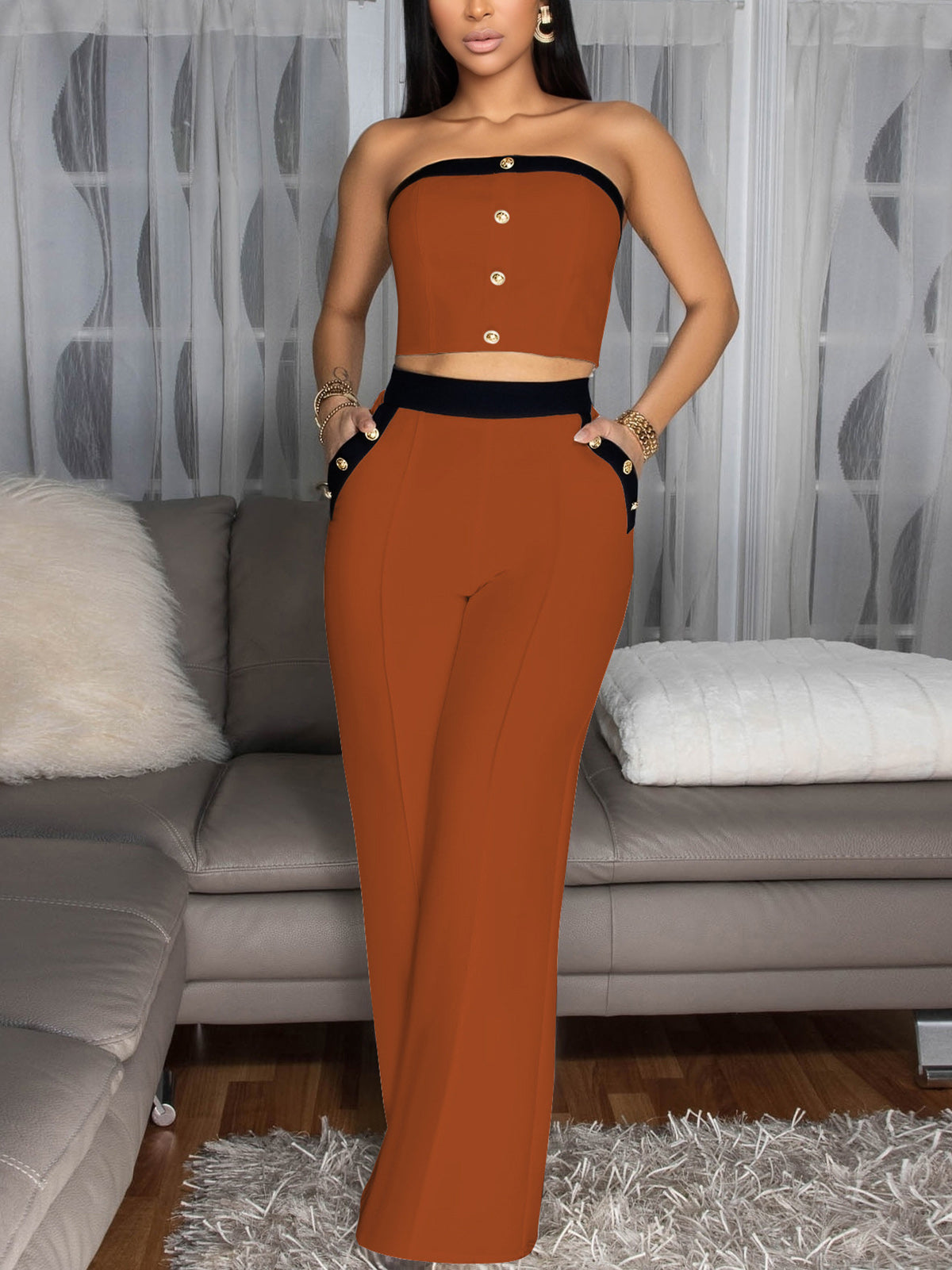 Sexy Color Block Decorative Button Straight Pants Set
