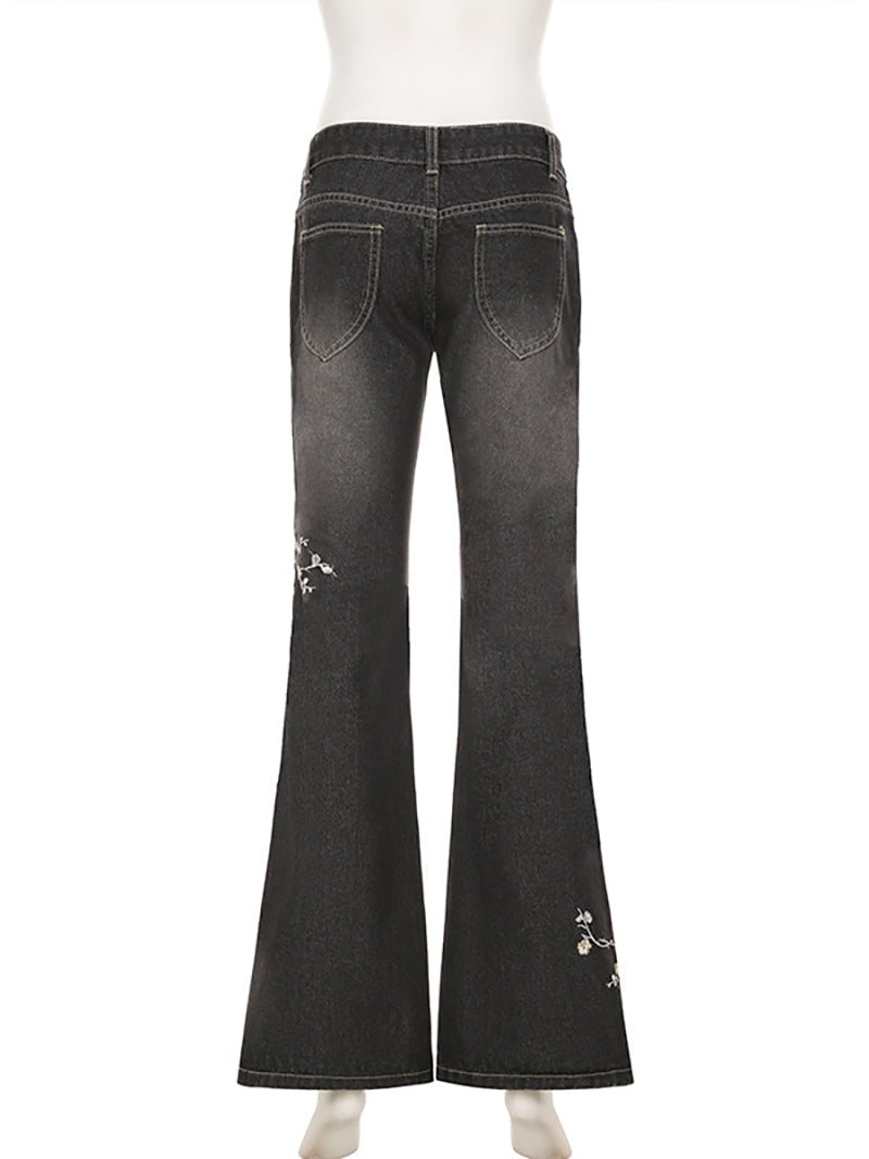 Fashion Low Rise Floral Embroidery Flared Pants Jeans