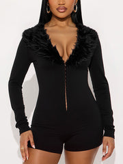 Sexy V Neck Front Zipper Faux Fur Tight Romper