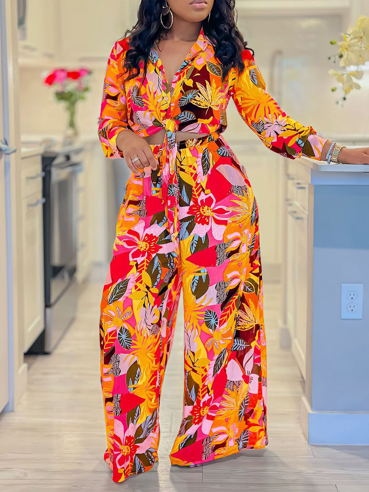 Fashion Print Bandage Shirt Wide Leg Trousers Sets