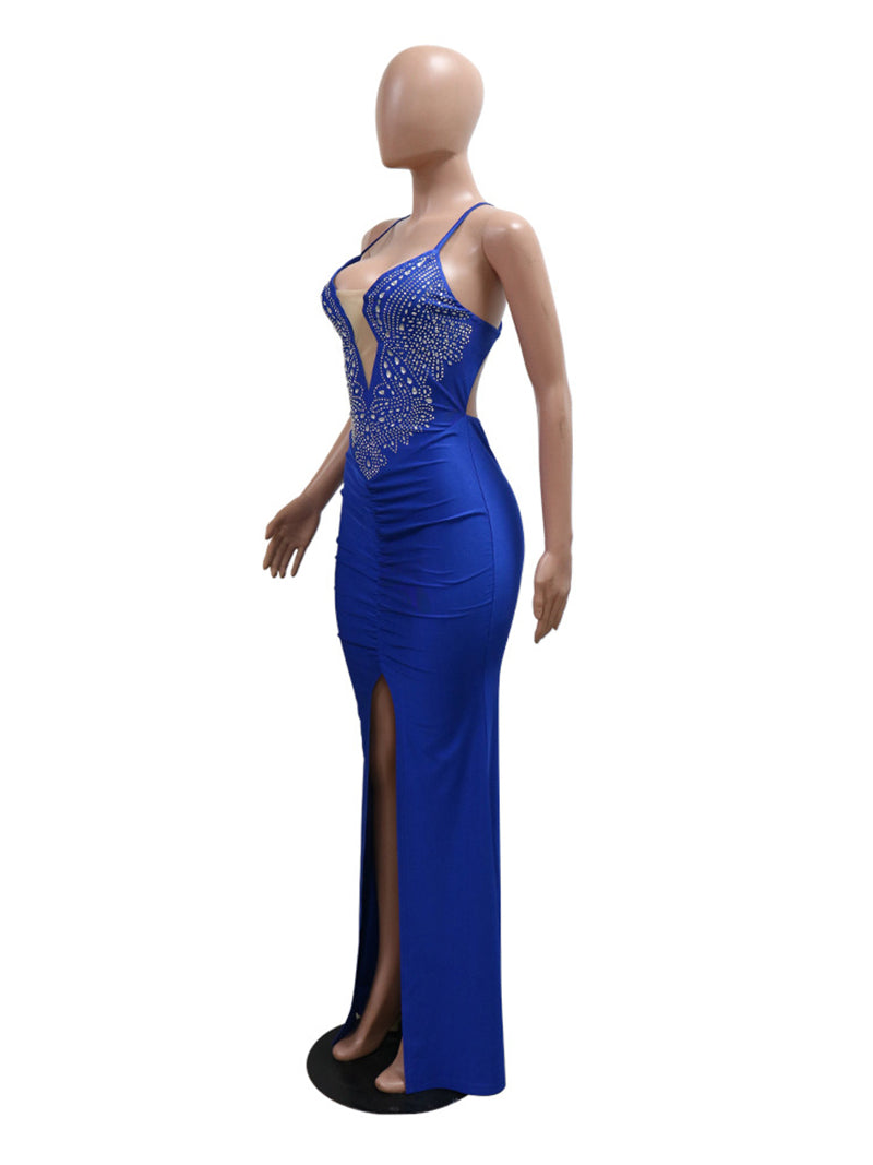 Rhinestones Backless High Split Maxi Dress