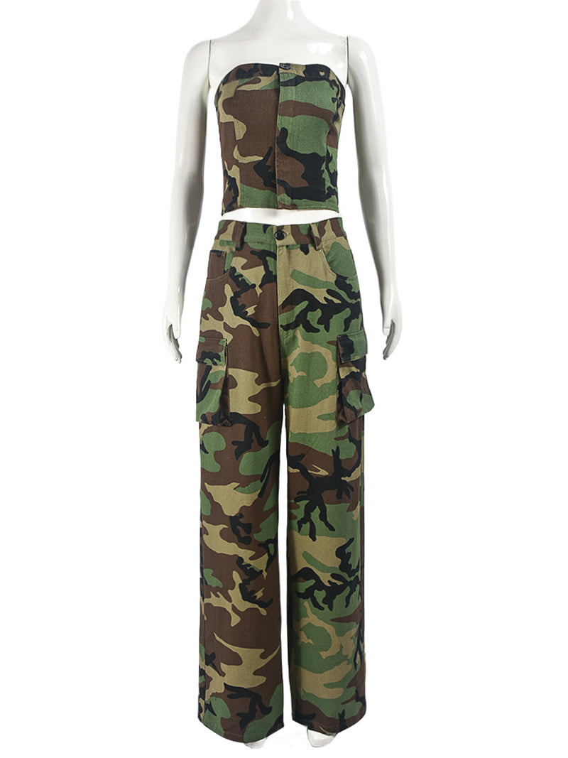 Sexy Camo Strapless Elastic Straight-leg Pants Set