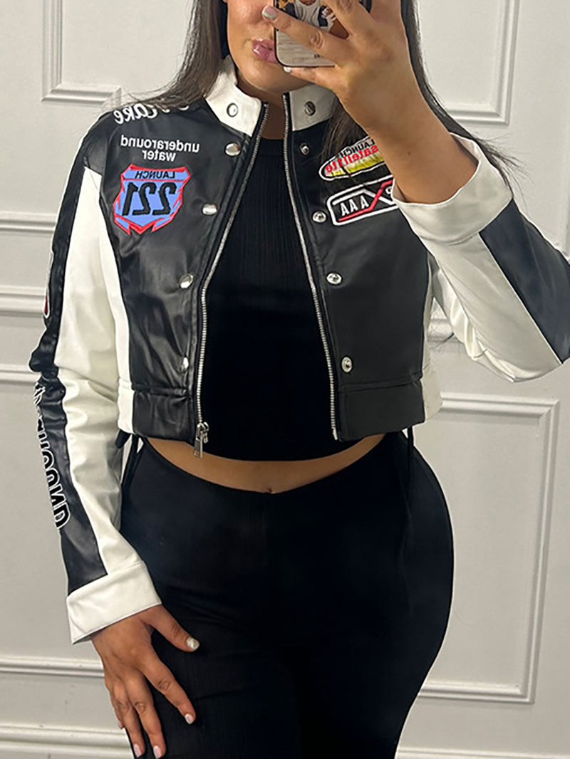 Fashion PU Leather Print Cropped Baseball Jacket