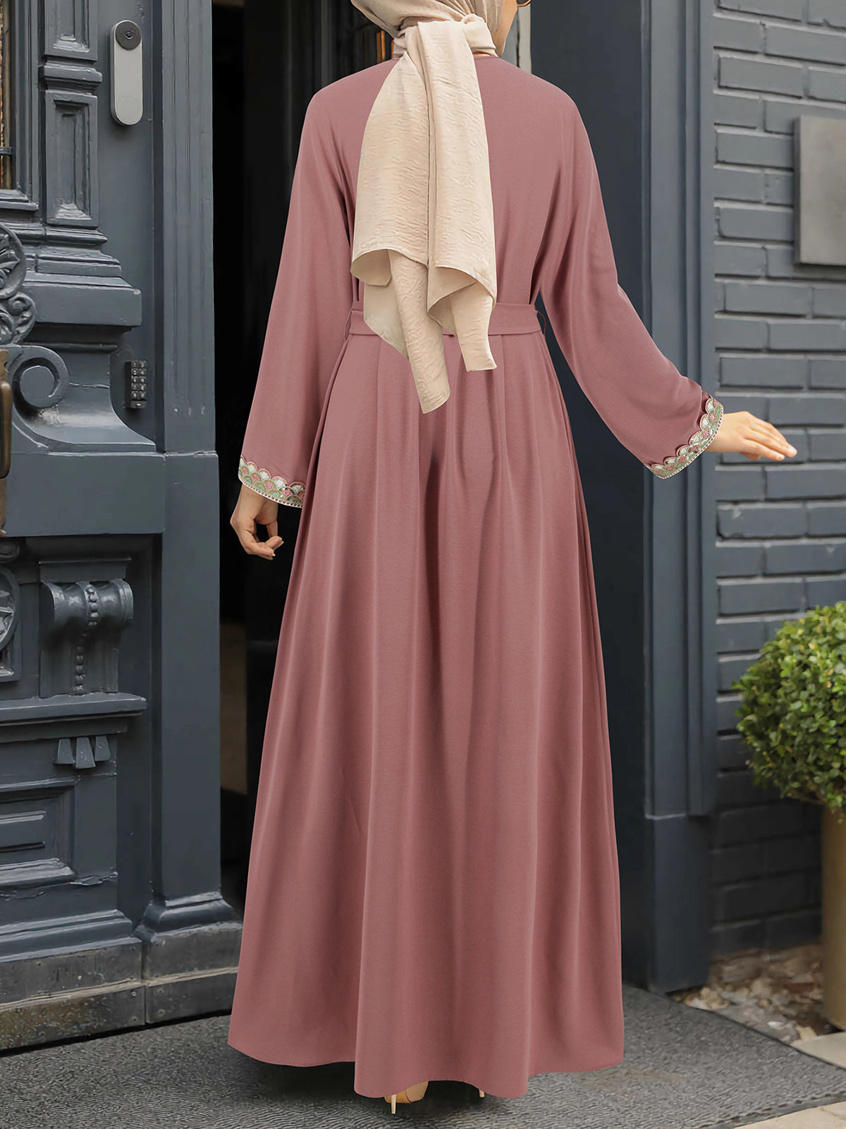 Elegant V Neck Long Sleeve Muslim Maxi Dress