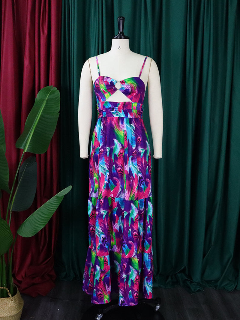 Strap Floral Print Large Swing Hollow Out Dress