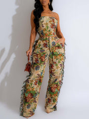 Newest Floral Tapestry Crop Top and Pants Set