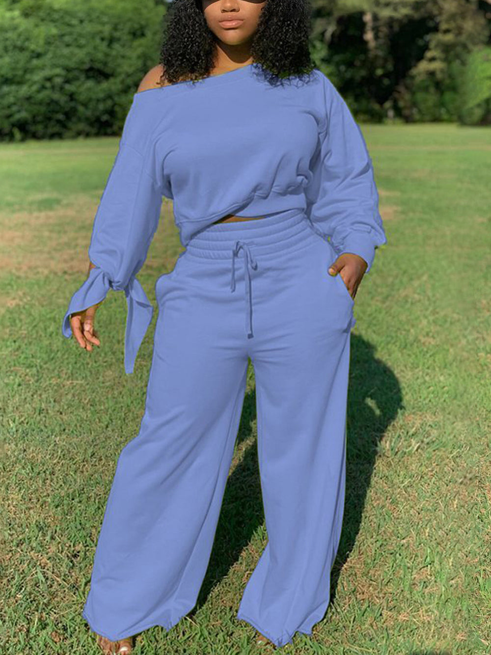Casual Oblique Shoulder Tops High Waist Trousers Set