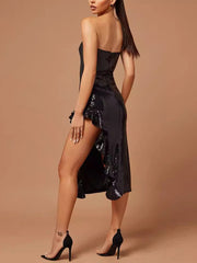 Strapless Sequin Ruffles High Slit Party Dress